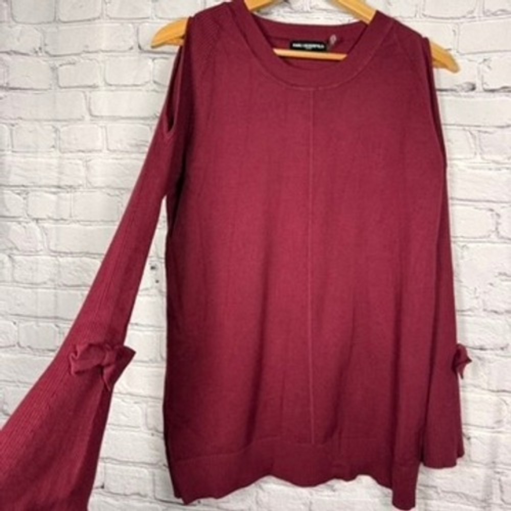 Karl Lagerfeld Paris Women M Cold Shoulder Bell Sleeve Bow Sweater Burgundy Wine